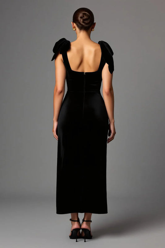 Elegant Black Sheath Square Neck Sleeveless Satin Long Formal Dress Hot Sale Evening Dresses