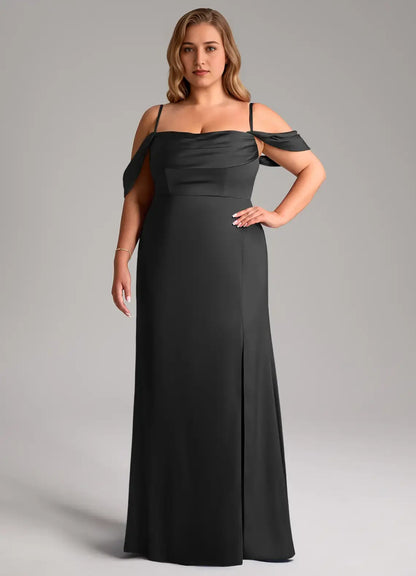 Wedding Guests Dresses Elegant Black Sheath Off the Shoulder Sleeveless Pleated Backless Side Fork Floor-Length Plus Size Formal Dress Discount Hot Sale Prom Dress