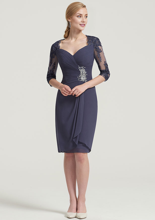 Vintage Exquisite Wedding Guest Dresses Chiffon Sheath/Column Sweetheart Neckline Lace Appliqued 3/4 Sleeve Pleated Beading With Jacket Two-Piece Knee-Length Bargain Mother of the Bride Dress