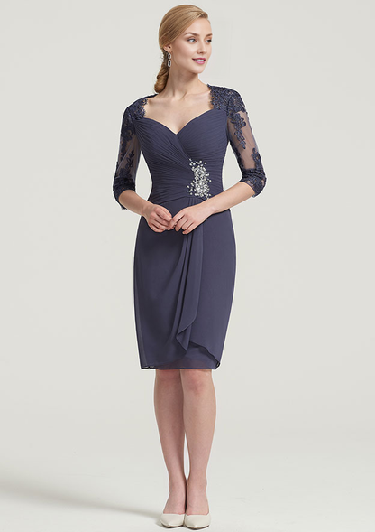Vintage Exquisite Wedding Guest Dresses Chiffon Sheath/Column Sweetheart Neckline Lace Appliqued 3/4 Sleeve Pleated Beading With Jacket Two-Piece Knee-Length Bargain Mother of the Bride Dress