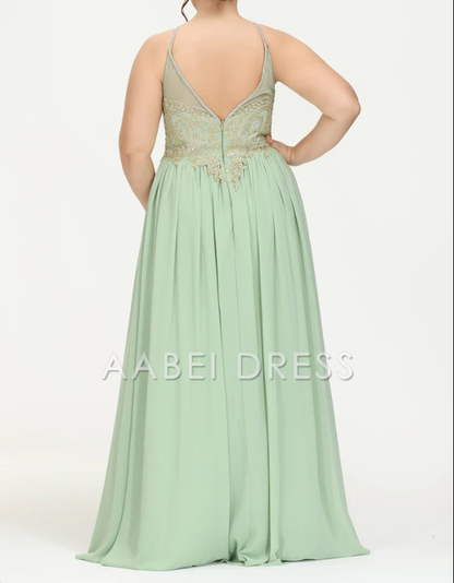 AABEI DRESS A-Line Halter Sleeveless Beaded Pleated Floor-Length Chiffon Plus Size Evening Dress