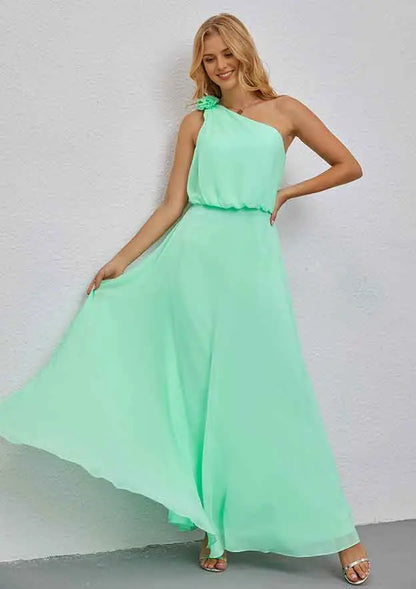Elegant Green Chiffon A-line One-Shoulder Shoulder 3D Flower Sleeveless With Ruffles Affordable Floor-Length Bridesmaid Dress