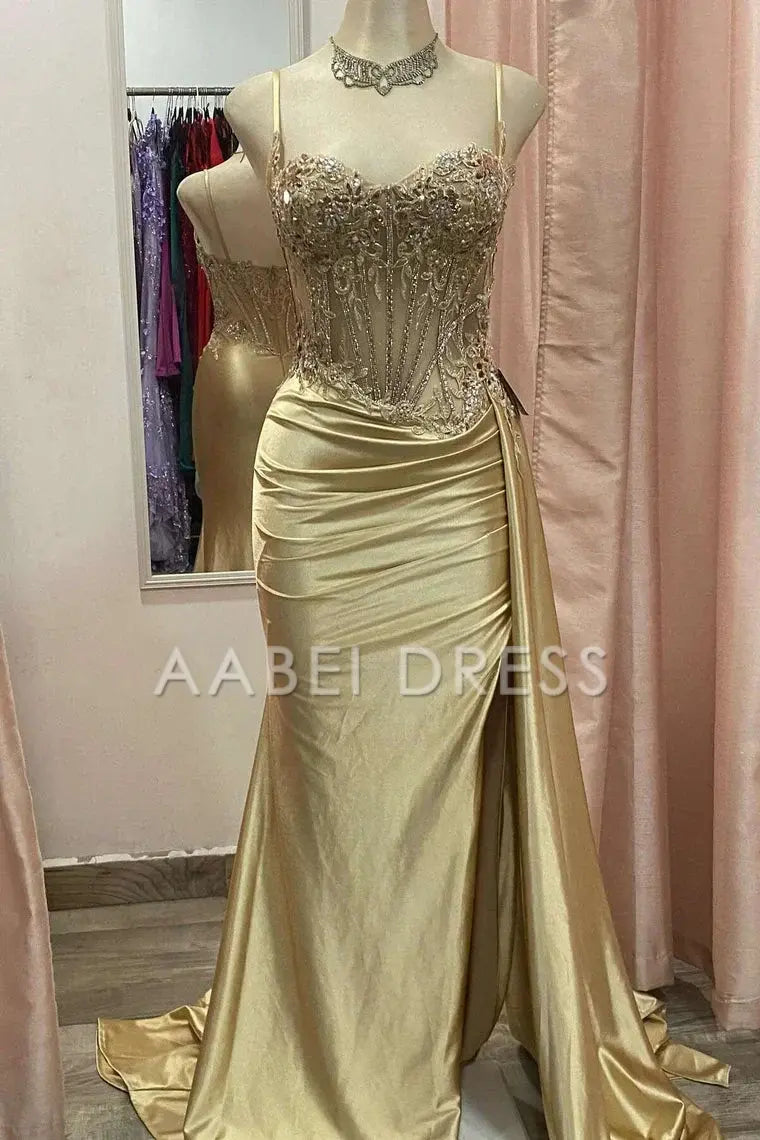 AABEI DRESS Prom Dress Stunning Mermaid Spaghetti Straps Pleated Long Glitter High Slit Luxurious Formal Dress
