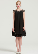 Simple Wedding Guest Dresses Black Chiffon A-line Boat Neck Short Sleeve With Beading Tiers Ruffles Knee-Length Bargain Mother of the Bride Dress
