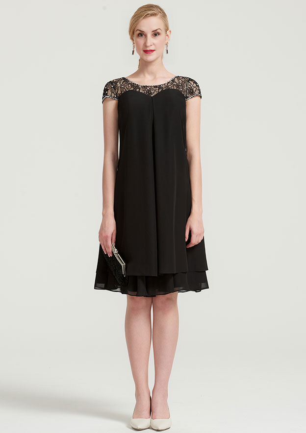 Simple Wedding Guest Dresses Black Chiffon A-line Boat Neck Short Sleeve With Beading Tiers Ruffles Knee-Length Bargain Mother of the Bride Dress