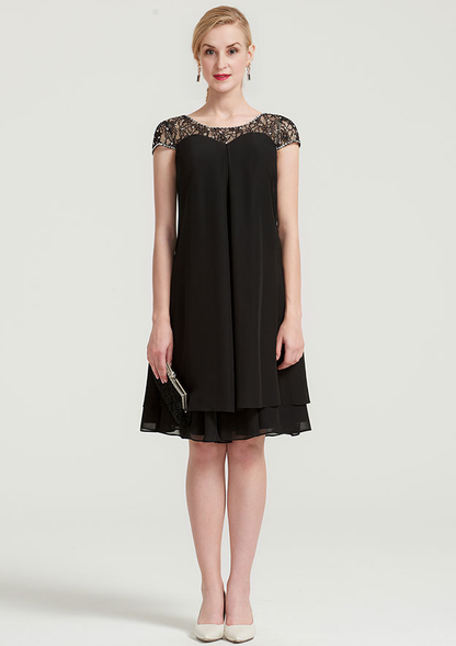 Simple Wedding Guest Dresses Black Chiffon A-line Boat Neck Short Sleeve With Beading Tiers Ruffles Knee-Length Bargain Mother of the Bride Dress