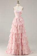 Romantic Prom Dress Pink Printing Floral A Line Strapless Corset with Beading Sleeveless Layered Ruched Backless Bargain Long Wedding Guest Dress