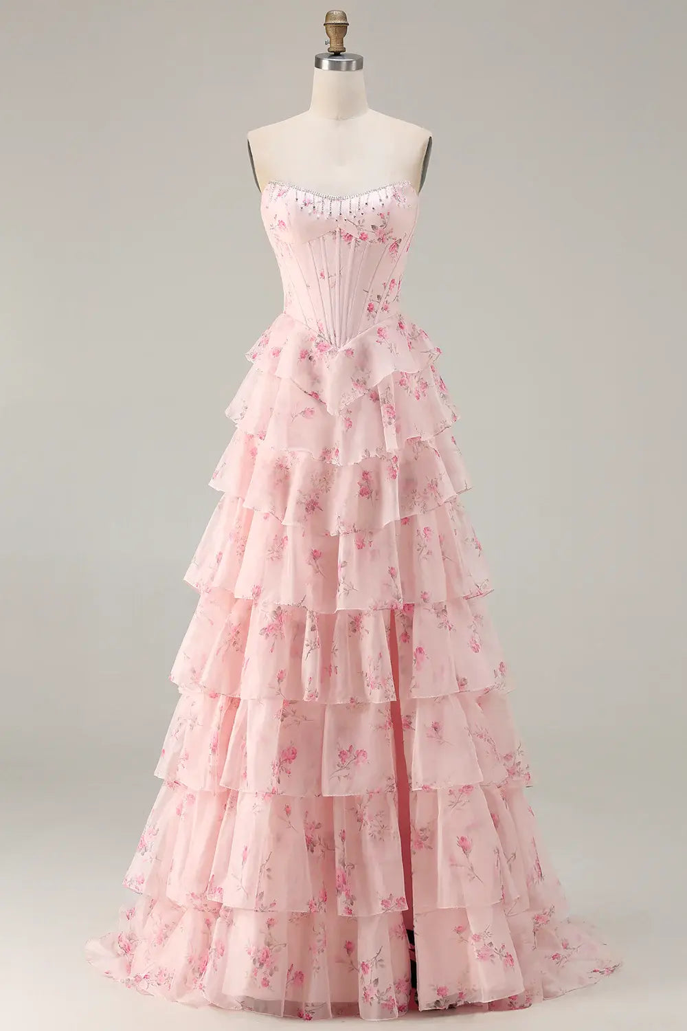Romantic Prom Dress Pink Printing Floral A Line Strapless Corset with Beading Sleeveless Layered Ruched Backless Bargain Long Wedding Guest Dress