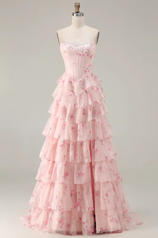 Romantic Prom Dress Pink Printing Floral A Line Strapless Corset with Beading Sleeveless Layered Ruched Backless Bargain Long Wedding Guest Dress