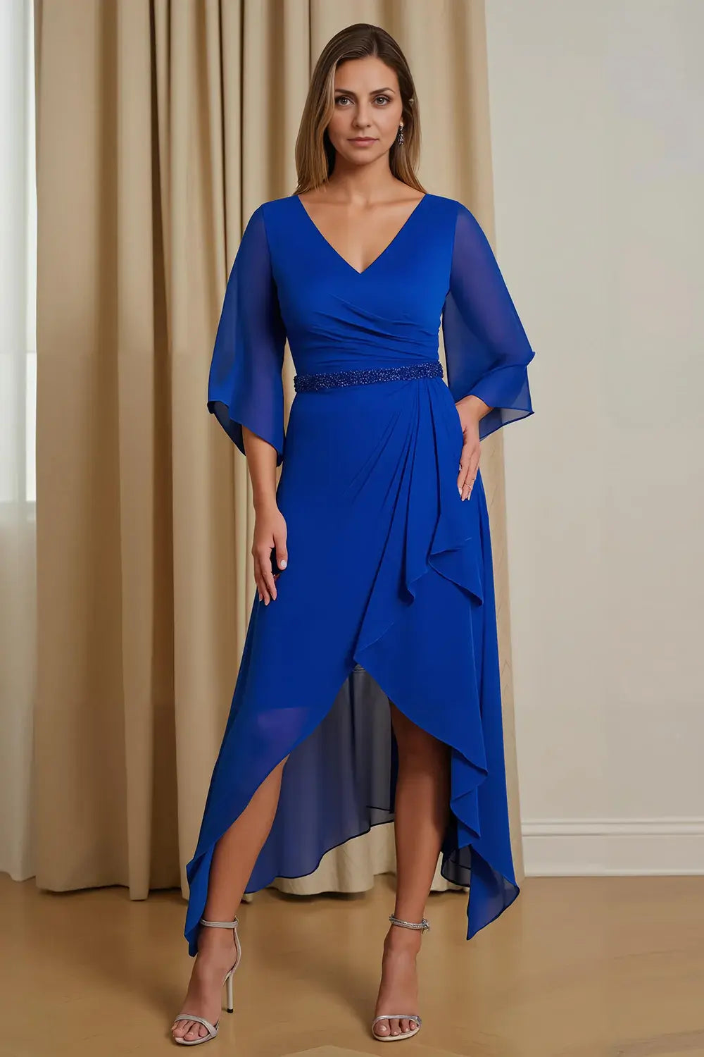 Royal Blue A Line V-Neck Asymmetrical Ruched Hem with Sleeves V Back Bead string Exquisite Long Wedding Guest Dress Hot Sale Mother of the Bride Dresses