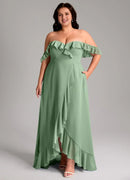 Wedding Guests Dresses Mint Green Cute A-Line Off Shoulder Sweetheart Sleeveless Chiffon Ruffles Backless Floor-Length Plus Size Formal Dress Discount Hot Sale Prom Dress