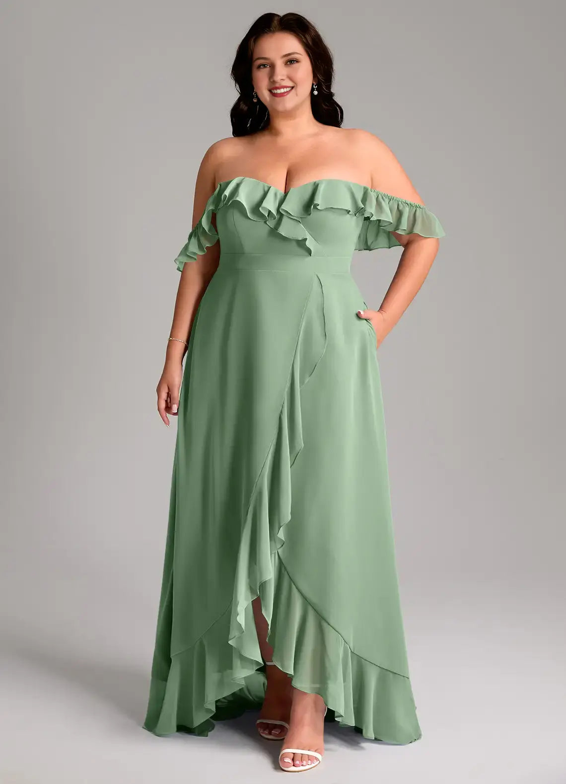 Wedding Guests Dresses Mint Green Cute A-Line Off Shoulder Sweetheart Sleeveless Chiffon Ruffles Backless Floor-Length Plus Size Formal Dress Discount Hot Sale Prom Dress