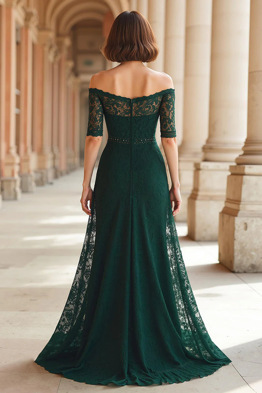 Elegant Dark Green Lace A-Line Off the Shoulder Half Sleeve Beadwork Retro Long Wedding Guest Dress For Women New Style Mother of the Bride Dress
