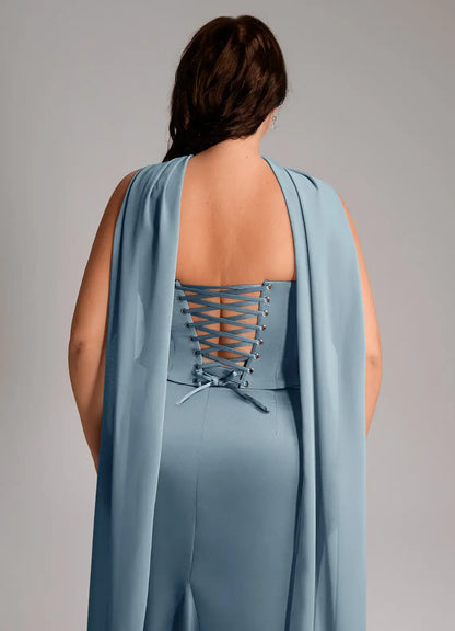 Wedding Guests Dresses Dusty Blue Mermaid Detachable Spaghetti Strap Cowl Sleeveless Pleated Backless With Scarf Modern Plus Size Formal Dress Discount Hot Sale Prom Dress