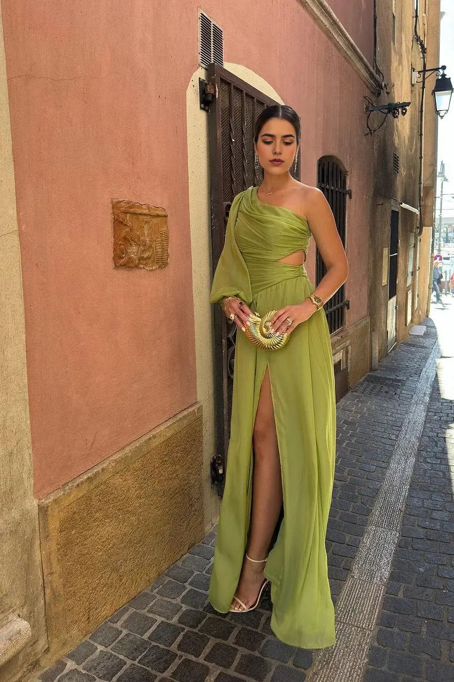 Elegant Formal Women's Dresses A Line One Shoulder Long Sleeve Pleated Hollow-Out With Front Split Long Affordable Prom Dress