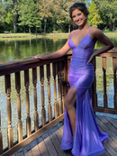Evening Dress Lilac Spaghetti Strap Sheath Mermaid Low-necked Prom Dress Lace-up Backless Side Fork Formal Women's Dresses