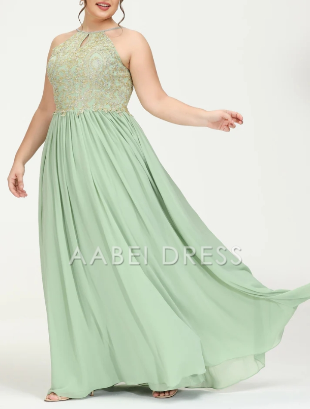 AABEI DRESS A-Line Halter Sleeveless Beaded Pleated Floor-Length Chiffon Plus Size Evening Dress