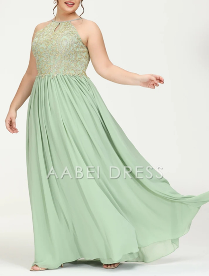 AABEI DRESS A-Line Halter Sleeveless Beaded Pleated Floor-Length Chiffon Plus Size Evening Dress