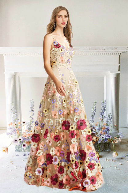 AABEI DRESS Hot Sale Prom Dress Exquisite A-Line Flower Straps Floral Fantastic Long Party Dress