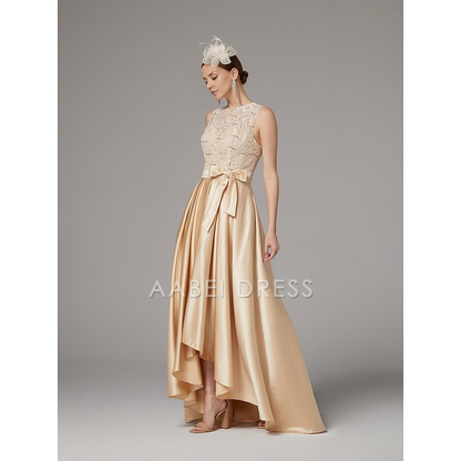 AABEI DRESS Wedding Guest Dress A-Line Elegant Jewel Neck High Low  Asymmetrical Satin Lace Sleeveless Floor Length with Bow(s) Pleats Mother of the Bride Dress