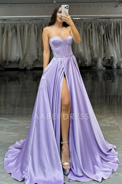 AABEI DRESS Hot Sale Prom Dress Pretty A-Line Strapless Sweetheart Long Satin with High Slit Elegant Formal Dress