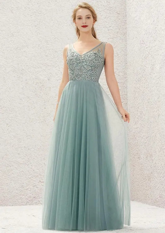 Elegant Tulle With Lace A-line V Neck Sleeveless Backless Ruched Affordable Floor-Length Bridesmaid Dress