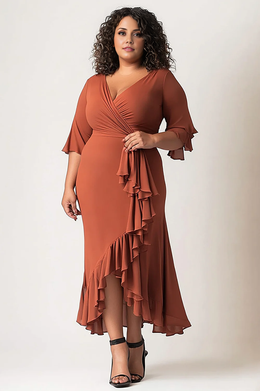 AABEI DRESS Mother Of The Bride Dress V Neck Ruffled Half Sleeves Retro Plus Size Long Formal Wear Dresse