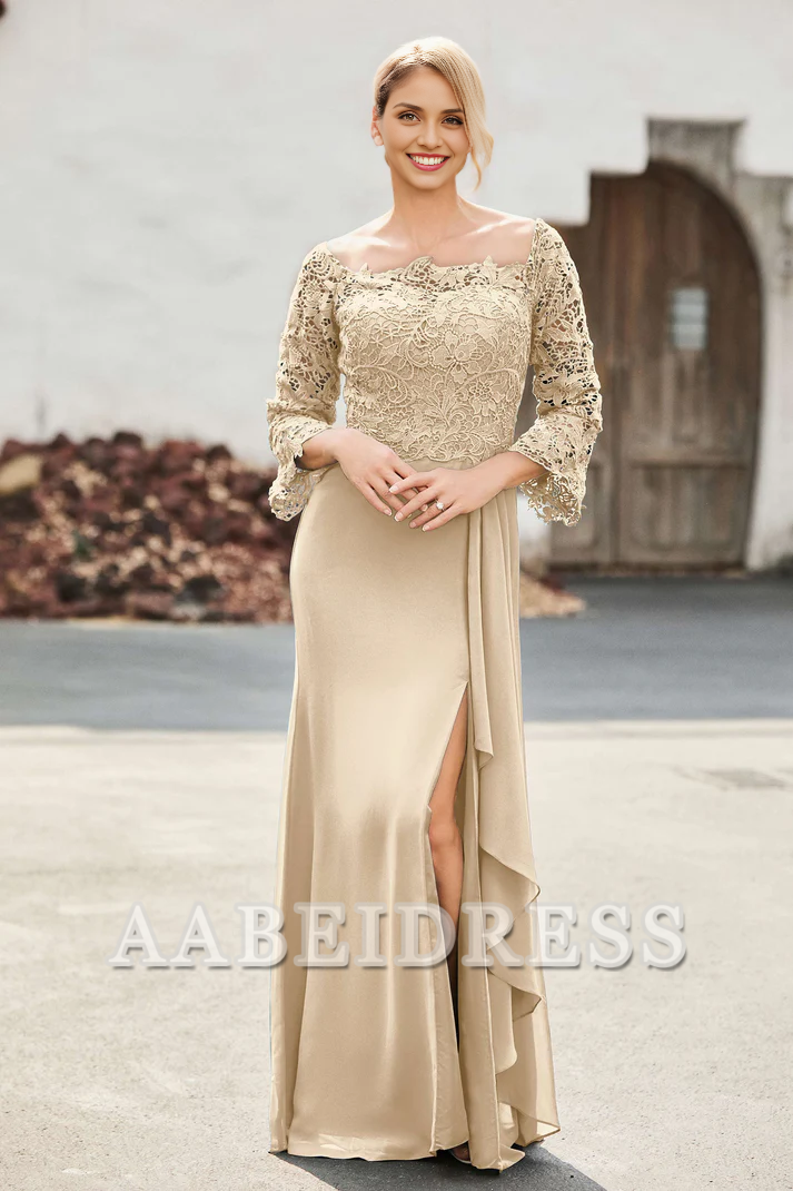 AABEI DRESS Mother of the Bride Dresses Ruffles Long Sleeves Sheath Dress With Slit Elegant Formal Dress Wedding Guests Dresses