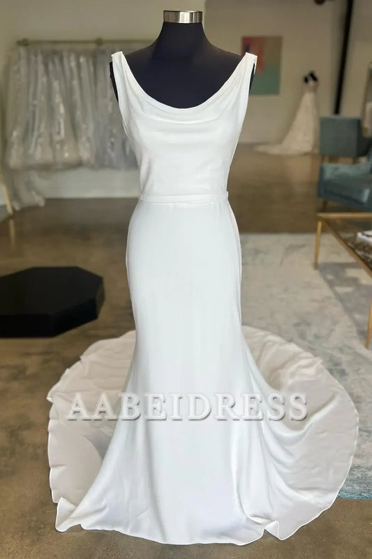 AABEI DRESS Elegant Simple Wedding Dress Cowl Neck Open Back Mermaid Long Sweep Train Dress