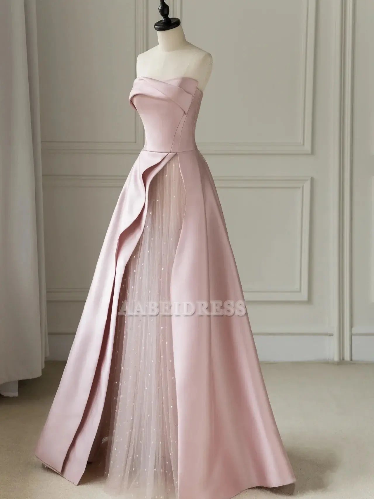 Evening Dress Sleeveless A-Line Floor-Length Satin Tulle Splicing together Strapless Backless Formal Women's Dresses