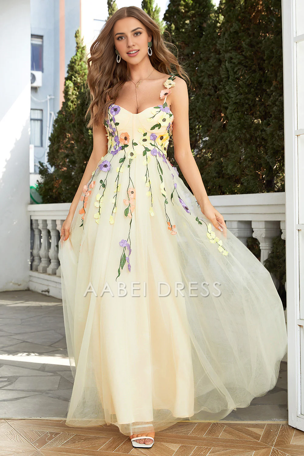 AABEI DRESS Hot Sale Prom Dress Charming A-Line Spaghetti Strap Sweetheart Flower Tulle Fashion Long Party Dress