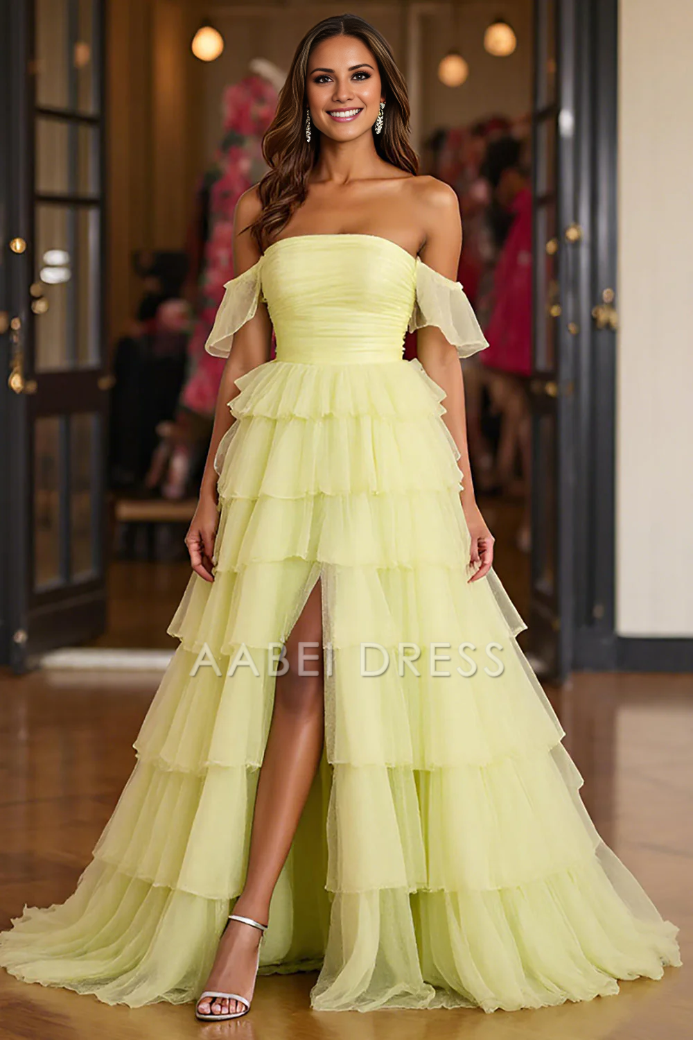 AABEI DRESS Hot Sale Prom Dress Exquisite A Line Strapless Tiered Tulle With Slit Long Formal Dress