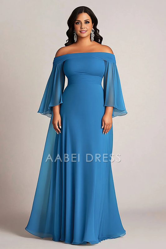 AABEI DRESS Mother Of The Bride Dress Plus Size A Line Off Shoulder Flowing Long Sleeves Elegant Chiffon Long Formal Wear Dresse