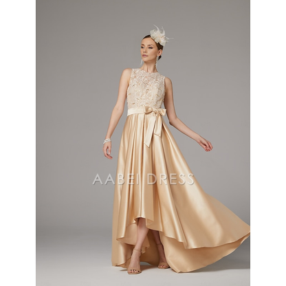 AABEI DRESS Wedding Guest Dress A-Line Elegant Jewel Neck High Low  Asymmetrical Satin Lace Sleeveless Floor Length with Bow(s) Pleats Mother of the Bride Dress