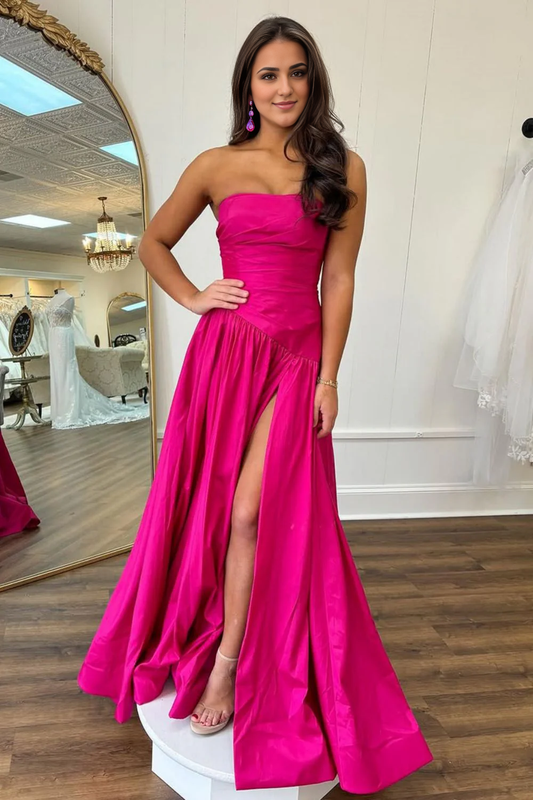 AABEI DRESS Hot Sale Prom Dress Simple A-Line Strapless Long Satin with Slit Elegant Formal Dress
