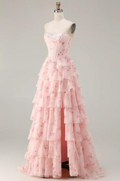 Romantic Prom Dress Pink Printing Floral A Line Strapless Corset with Beading Sleeveless Layered Ruched Backless Bargain Long Wedding Guest Dress
