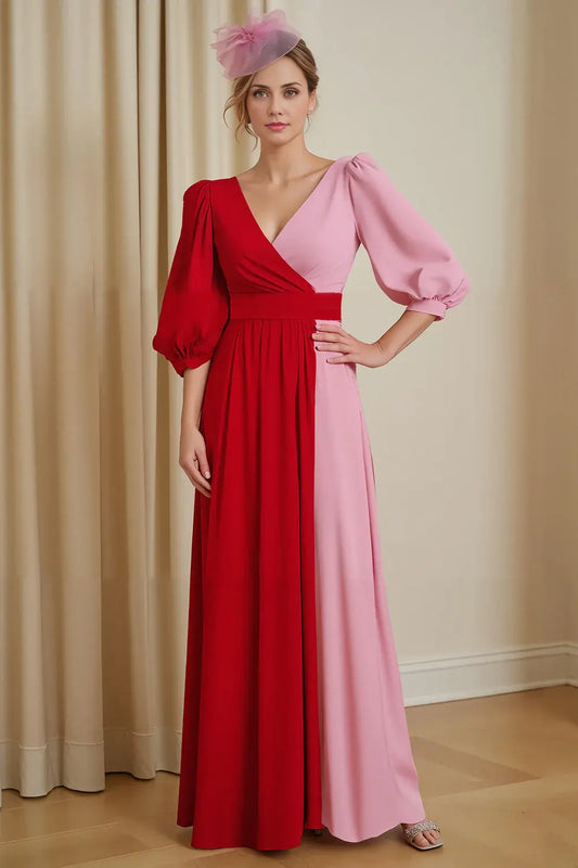 Unique Red Pink Color Matching Chiffon A Line V-Neck with Sleeves V Back Long Fashion Wedding Guest Dress For Women Hot Sale Mother of the Bride Dress