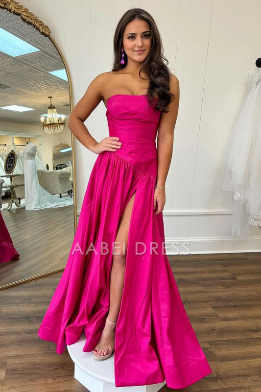 AABEI DRESS Hot Sale Prom Dress Simple A-Line Strapless Long Satin with Slit Elegant Formal Dress