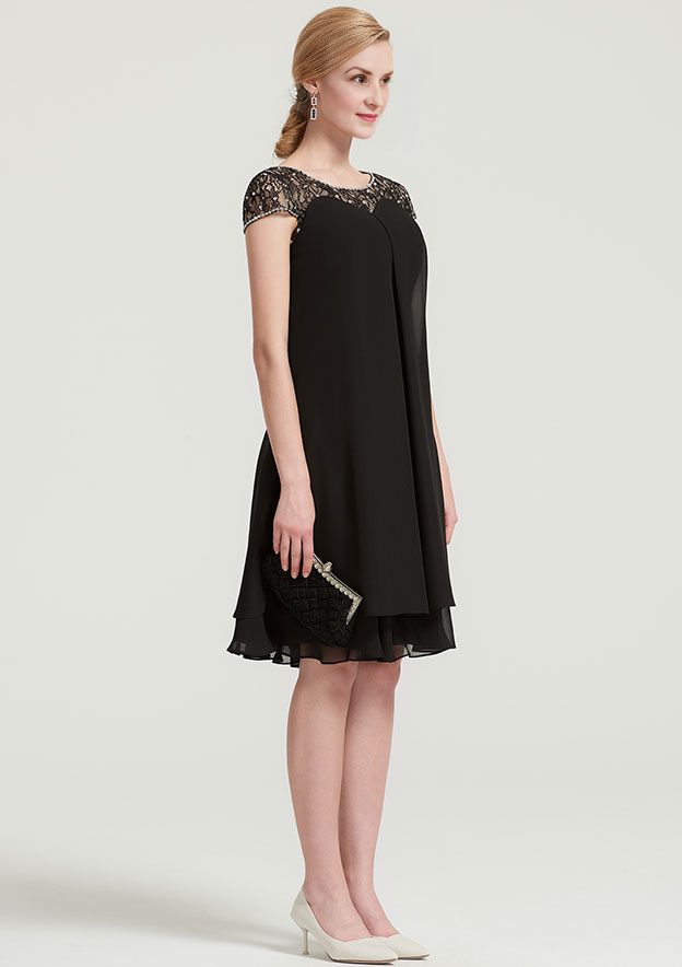 Simple Wedding Guest Dresses Black Chiffon A-line Boat Neck Short Sleeve With Beading Tiers Ruffles Knee-Length Bargain Mother of the Bride Dress