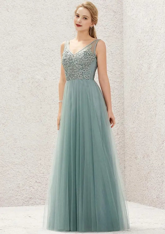 Elegant Tulle With Lace A-line V Neck Sleeveless Backless Ruched Affordable Floor-Length Bridesmaid Dress