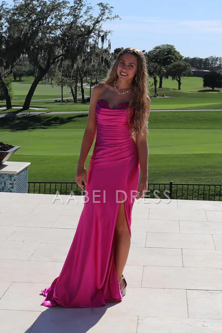 AABEI DRESS Prom Dress Sheath Strapless Pleated Satin Side Fork Long Elegant Formal Dress