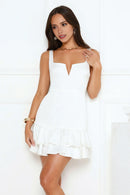 White Square Neck With Deep V Wide Shoulder Straps Sleeveless Double-Layer Ruffle Edge Elegant Mini Dress Hot Sale Homecoming Dress