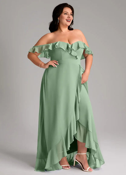 Wedding Guests Dresses Mint Green Cute A-Line Off Shoulder Sweetheart Sleeveless Chiffon Ruffles Backless Floor-Length Plus Size Formal Dress Discount Hot Sale Prom Dress