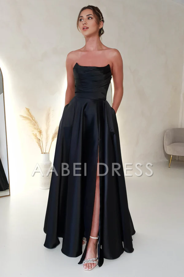 AABEI DRESS Prom Dress Strapless Gown Straight Neckline Pleated Bodice Pockets Side Fork Elegant Dress