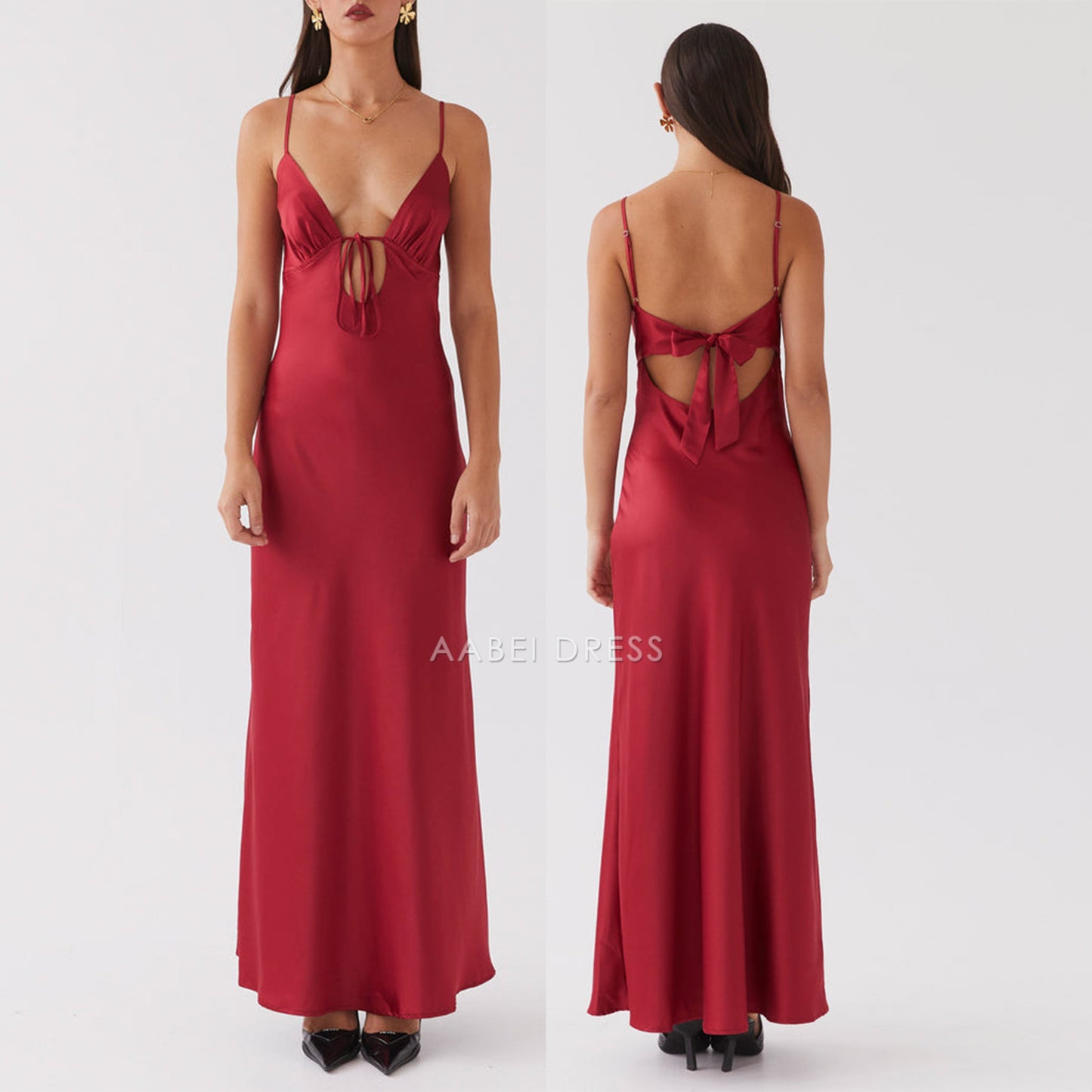 AABEI DRESS Elegant Solid Color Adjustable Thin Shoulder Straps Cutout Tie-Up Front Backless sexy Long Prom Dresses