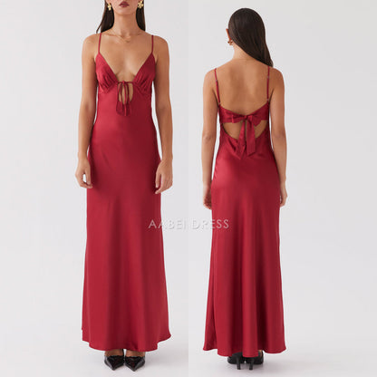 AABEI DRESS Elegant Solid Color Adjustable Thin Shoulder Straps Cutout Tie-Up Front Backless sexy Long Prom Dresses