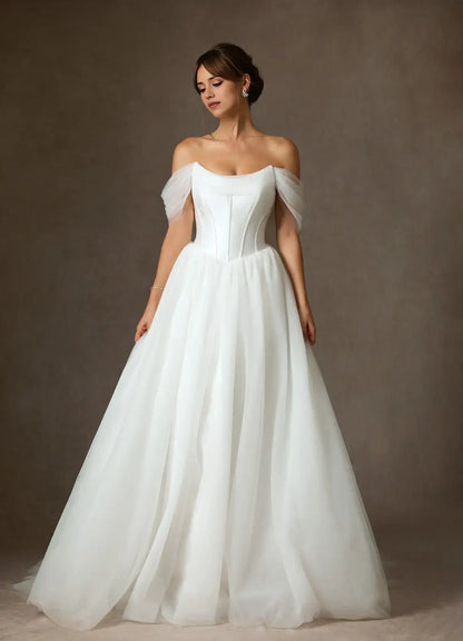 Fashion White Tulle A Line Off Shoulder Scoop Neck Sleeveless With Scarf Ruched Hem Hot Sale Wedding Dress