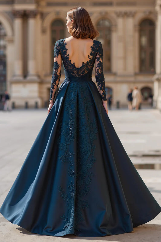 Gorgeous Navy A-Line V-Neck Backless Long Sleeves with Lace Exquisite Long Wedding Guest Dress For Women New Style Mother of the Bride Dress