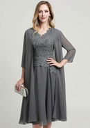 Classic Wedding Guest Dresses Grey Chiffon A-line V Neck Short Sleeve Lace Applique With 3/4 Long Sleeve Jacket Two-Piece Knee-Length Bargain Mother of the Bride Dress