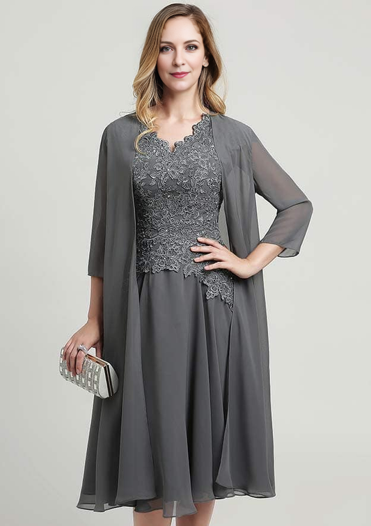 Grey Chiffon A-Line V-Neck Back Zip Knee-Length Dress
